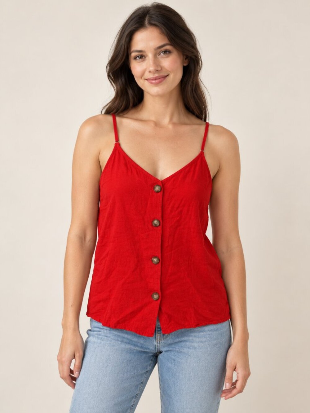 2/$30 Small BP Red Button-Front V-Neck Spaghetti Strap Camisole Top